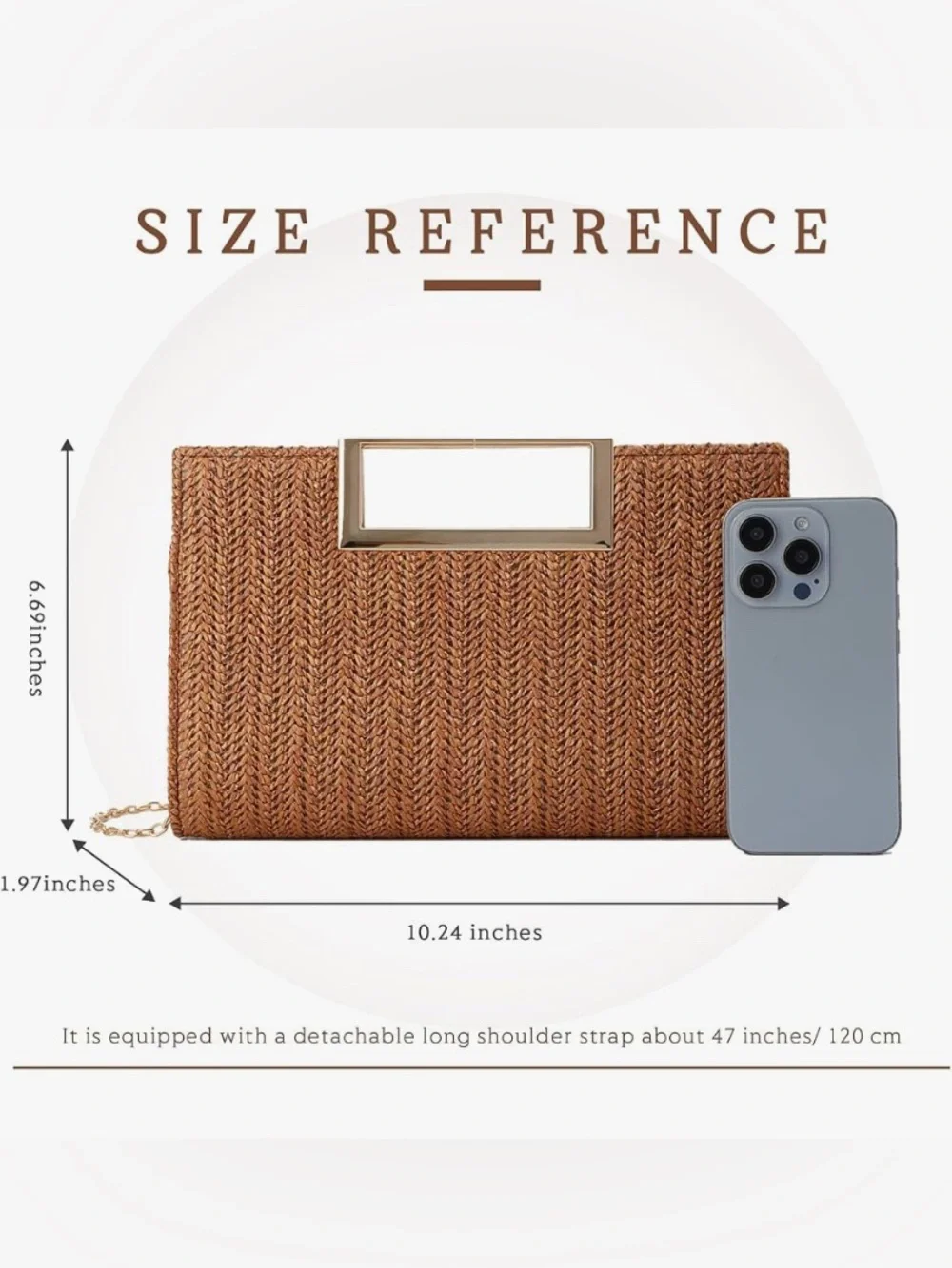 Woven Straw Clutch Bag with Gold Handle - Brown